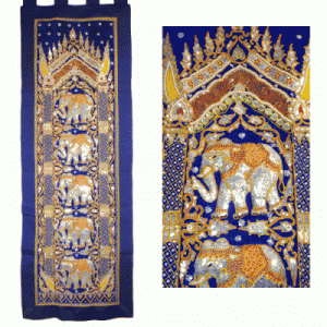 Thai Silk Tapestry  Elephants on blue silk (Long)