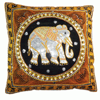Thai Silk Cushion  Elephant pattern in black and gold